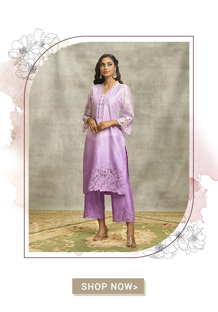 Purple Silk Chanderi Hand Embroidered Floral Cutwork V Neck Kurta And Palazzo Set