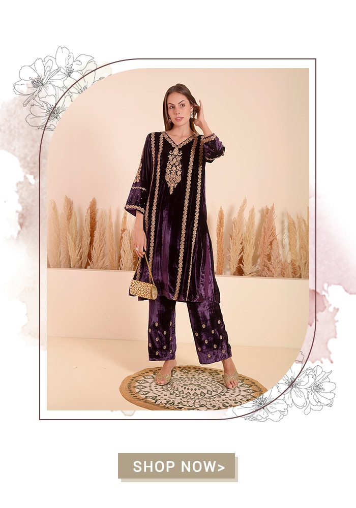 Purple Velvet Vintage Flora Embroidery V Neck Kurta With Pant