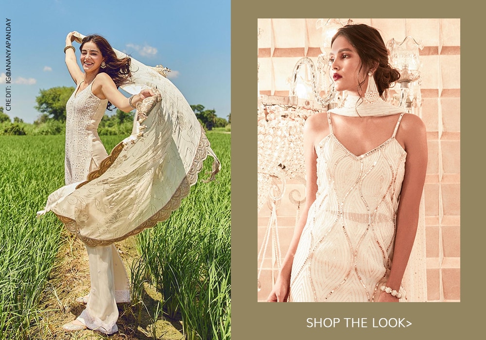 Ananya Panday inspired white palazzo set by Charu and Vasundhara