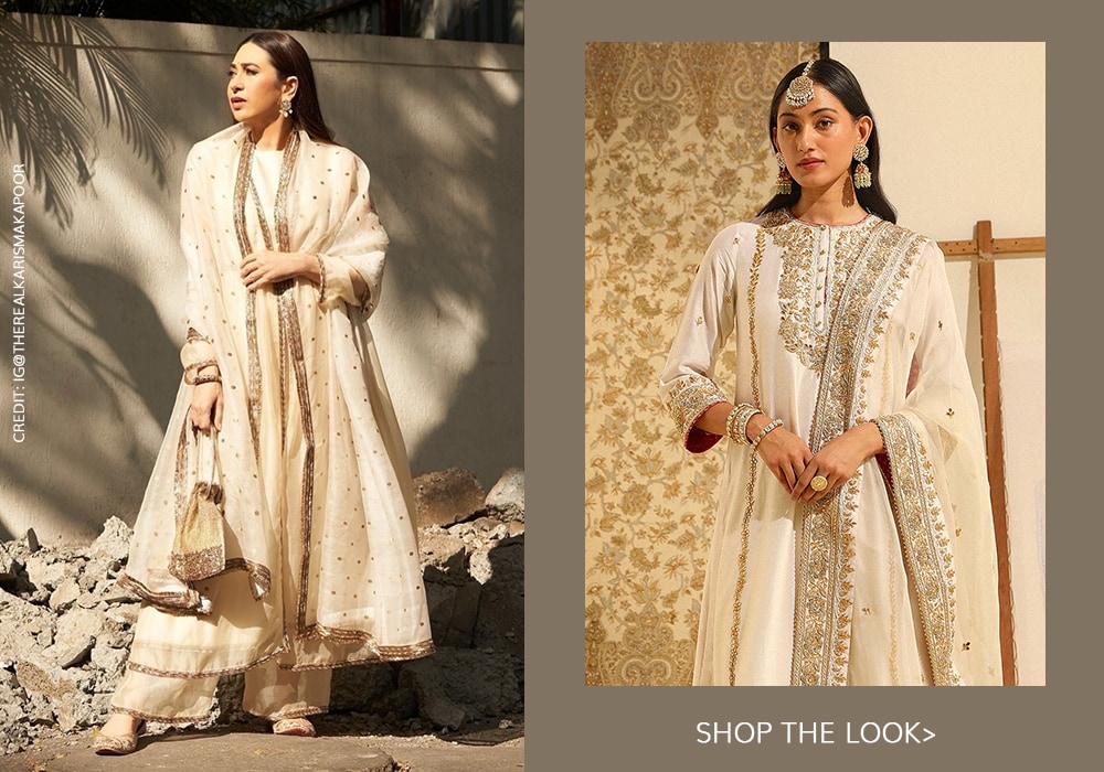 Karisma Kapoor ivory anarkali set by Sheetal Batra
