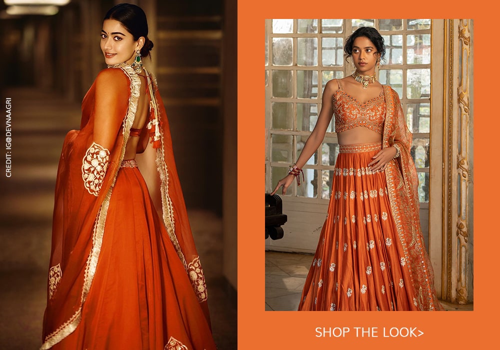 Rashmika Mandanna inspired orange lehenga by Paulmi and Harsh