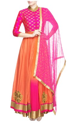 Pink & orange embellished kurta lehenga